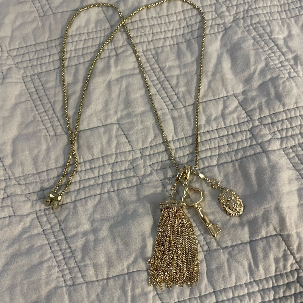 Gold Tassel Key Lion Charm Necklace